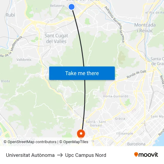 Universitat Autònoma to Upc Campus Nord map