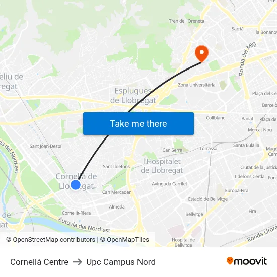 Cornellà Centre to Upc Campus Nord map