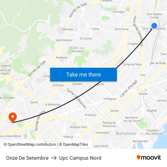 Onze De Setembre to Upc Campus Nord map