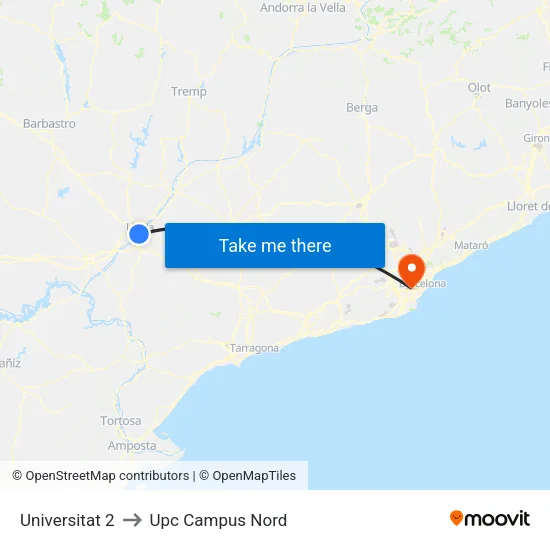 Universitat 2 to Upc Campus Nord map