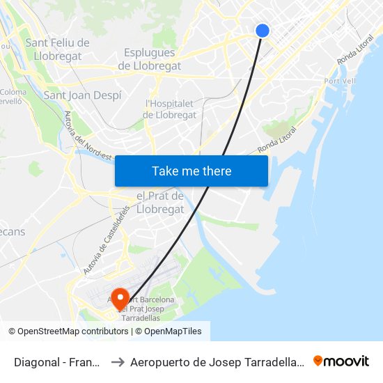 Diagonal - Francesc Macià to Aeropuerto de Josep Tarradellas Barcelona-El Prat map