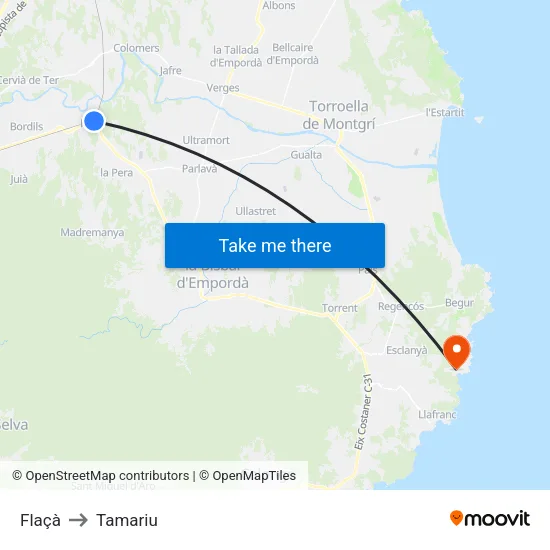 Flaçà to Tamariu map