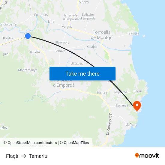 Flaçà to Tamariu map