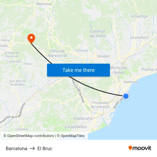 Barcelona to El Bruc map