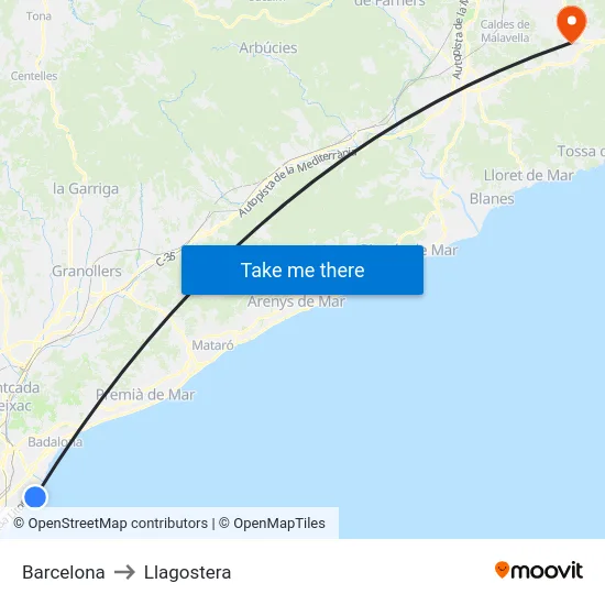 Barcelona to Llagostera map