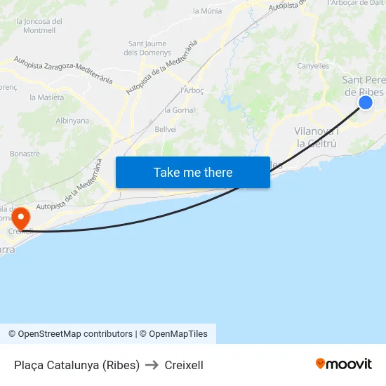 Plaça Catalunya (Ribes) to Creixell map