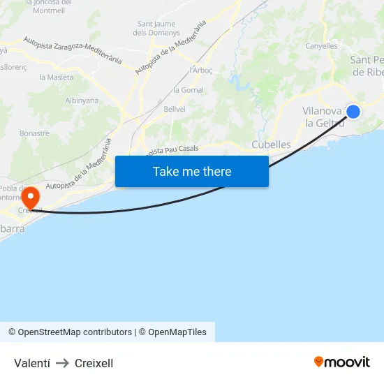 Valentí to Creixell map