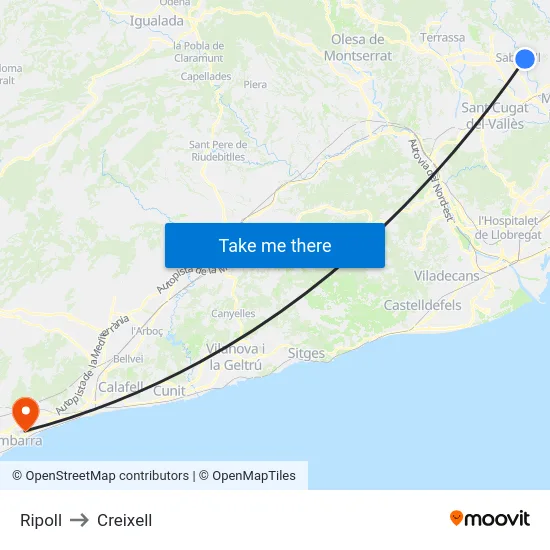 Ripoll to Creixell map