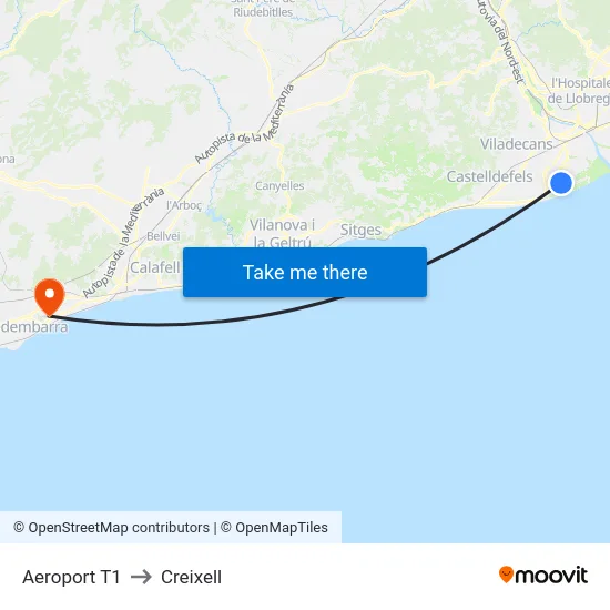 Aeroport T1 to Creixell map