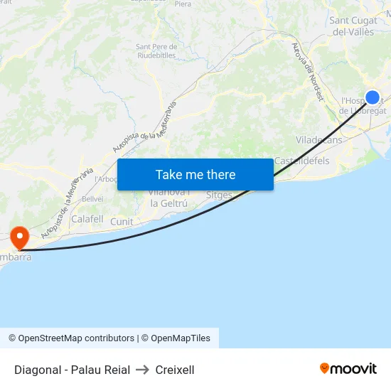 Diagonal - Palau Reial to Creixell map