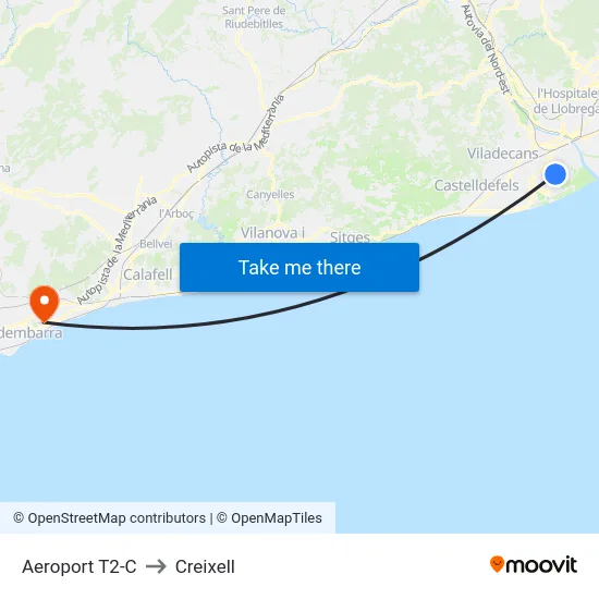 Aeroport T2-C to Creixell map