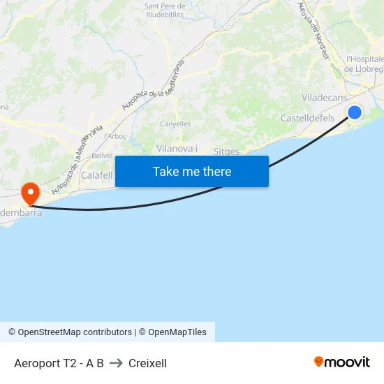 Aeroport T2 - A B to Creixell map