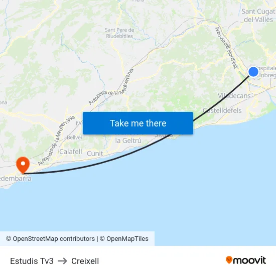 Estudis Tv3 to Creixell map