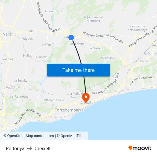 Rodonyà to Creixell map