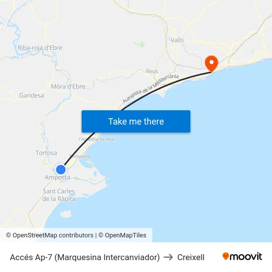 Accés Ap-7 (Marquesina Intercanviador) to Creixell map