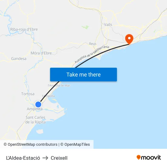 L'Aldea-Estació to Creixell map