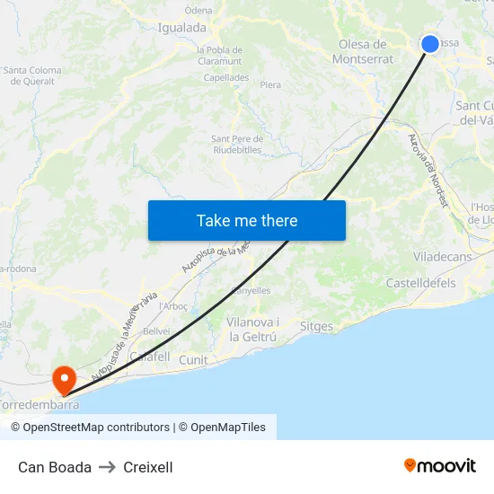 Can Boada to Creixell map