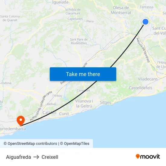 Aiguafreda to Creixell map