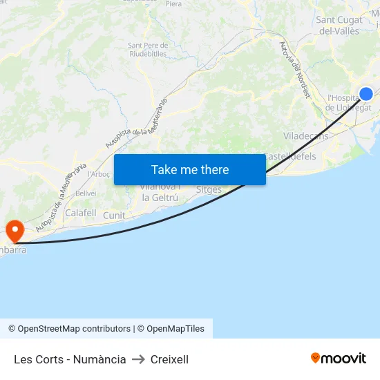Les Corts - Numància to Creixell map