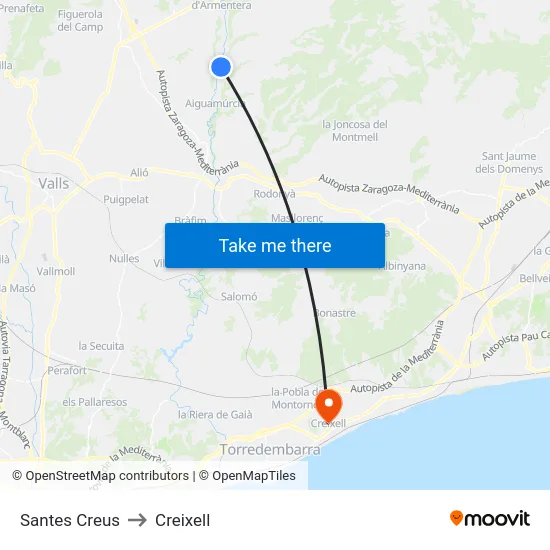 Santes Creus to Creixell map