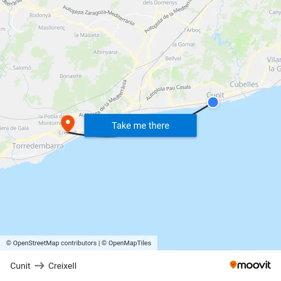 Cunit to Creixell map