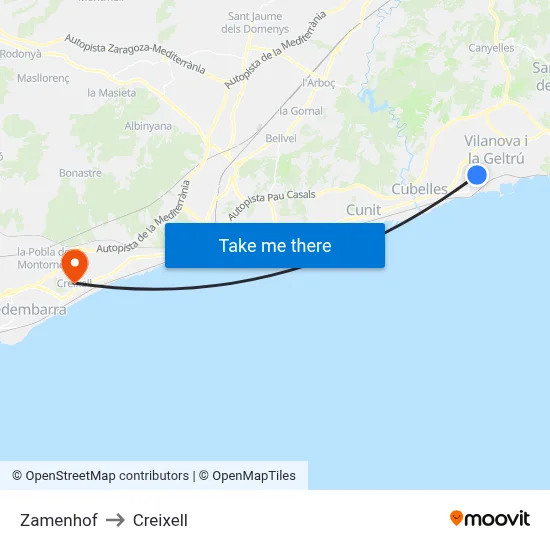 Zamenhof to Creixell map