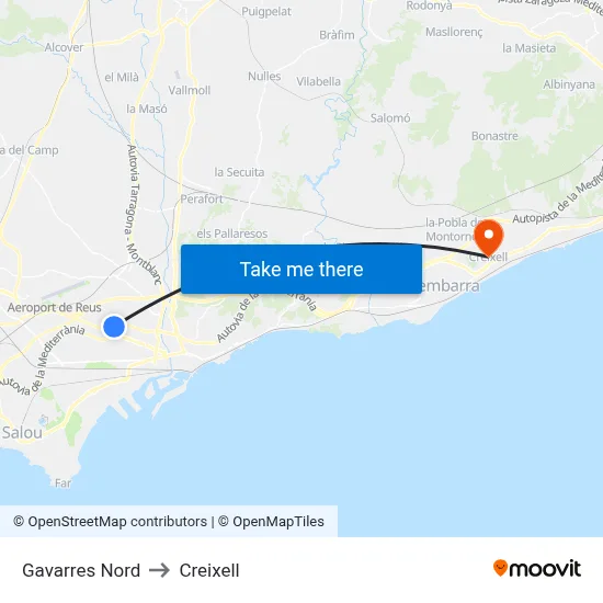 Gavarres Nord to Creixell map