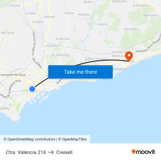 Ctra. València 216 to Creixell map
