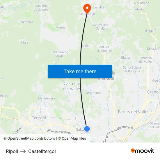 Ripoll to Castellterçol map