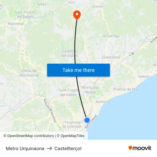Metro Urquinaona to Castellterçol map