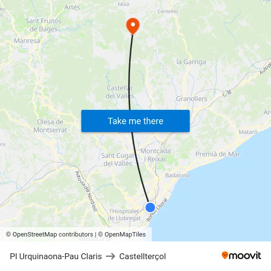 Pl Urquinaona-Pau Claris to Castellterçol map
