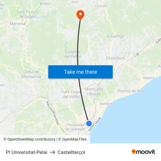 Pl Universitat-Pelai to Castellterçol map