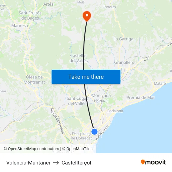 València-Muntaner to Castellterçol map