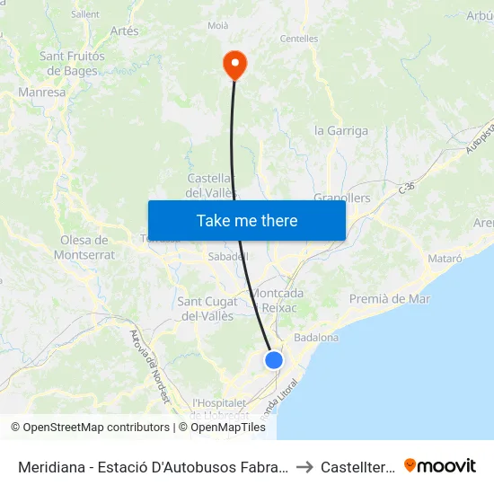 Meridiana - Estació D'Autobusos Fabra I Puig to Castellterçol map