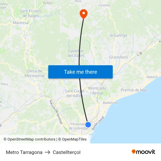 Metro Tarragona to Castellterçol map