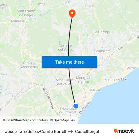 Josep Tarradellas-Comte Borrell to Castellterçol map