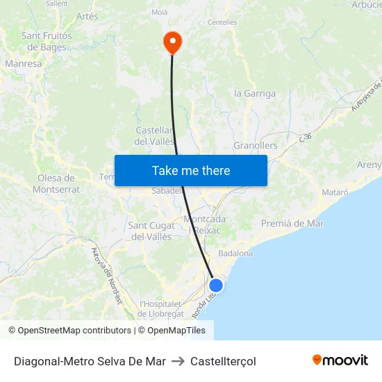 Diagonal-Metro Selva De Mar to Castellterçol map