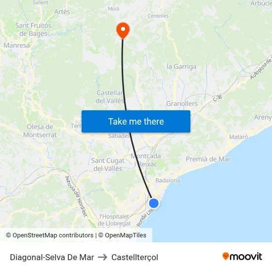 Diagonal-Selva De Mar to Castellterçol map