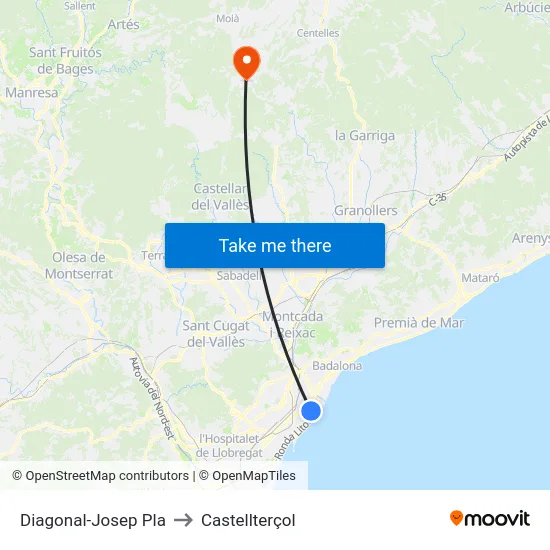 Diagonal-Josep Pla to Castellterçol map