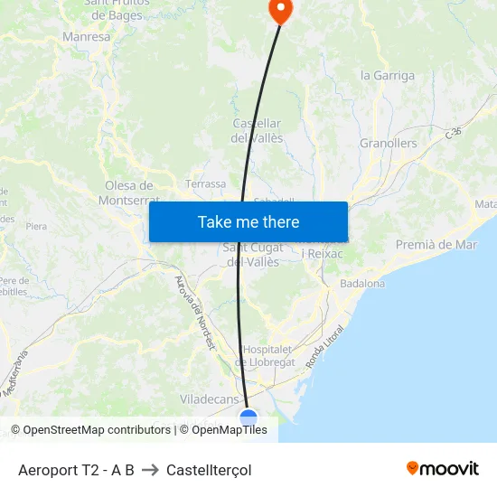 Aeroport T2 - A B to Castellterçol map