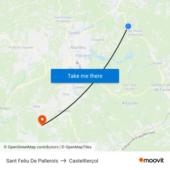 Sant Feliu De Pallerols to Castellterçol map