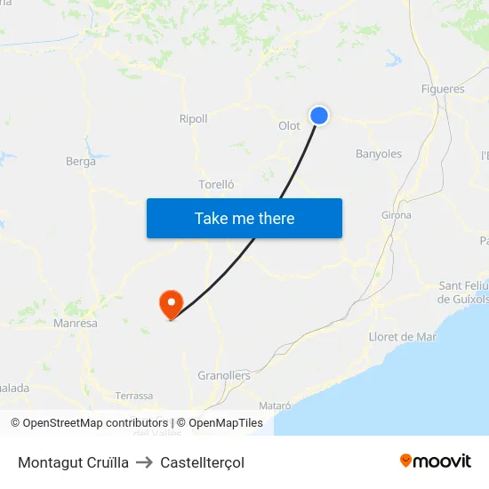 Montagut Cruïlla to Castellterçol map