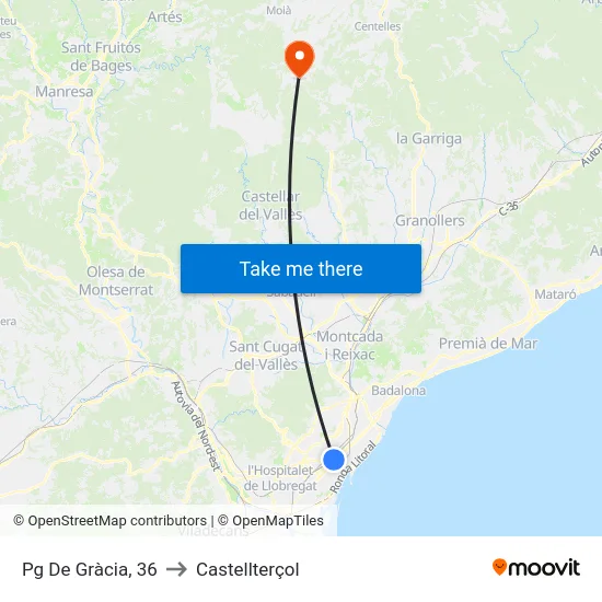 Pg De Gràcia, 36 to Castellterçol map