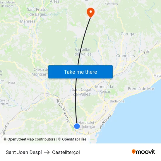 Sant Joan Despí to Castellterçol map