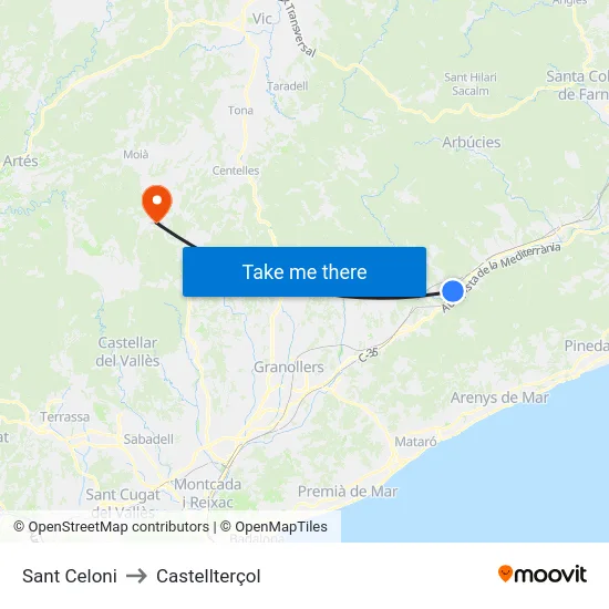 Sant Celoni to Castellterçol map