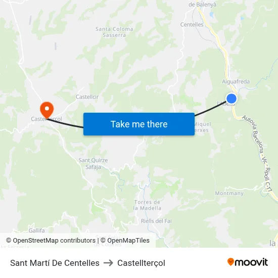 Sant Martí De Centelles to Castellterçol map