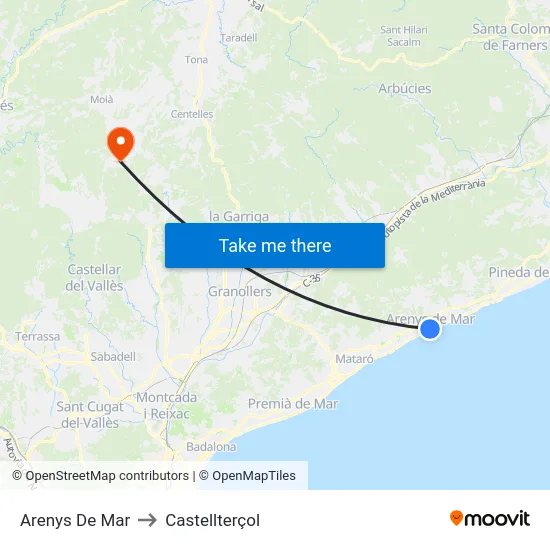 Arenys De Mar to Castellterçol map