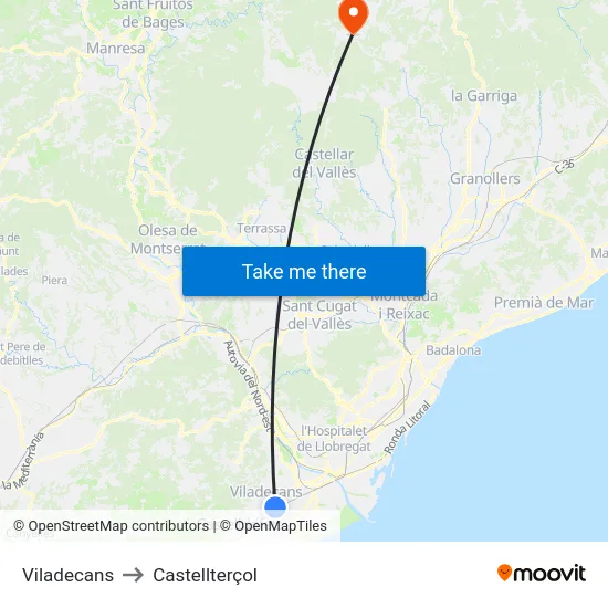 Viladecans to Castellterçol map