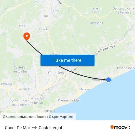 Canet De Mar to Castellterçol map