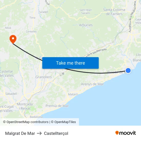 Malgrat De Mar to Castellterçol map